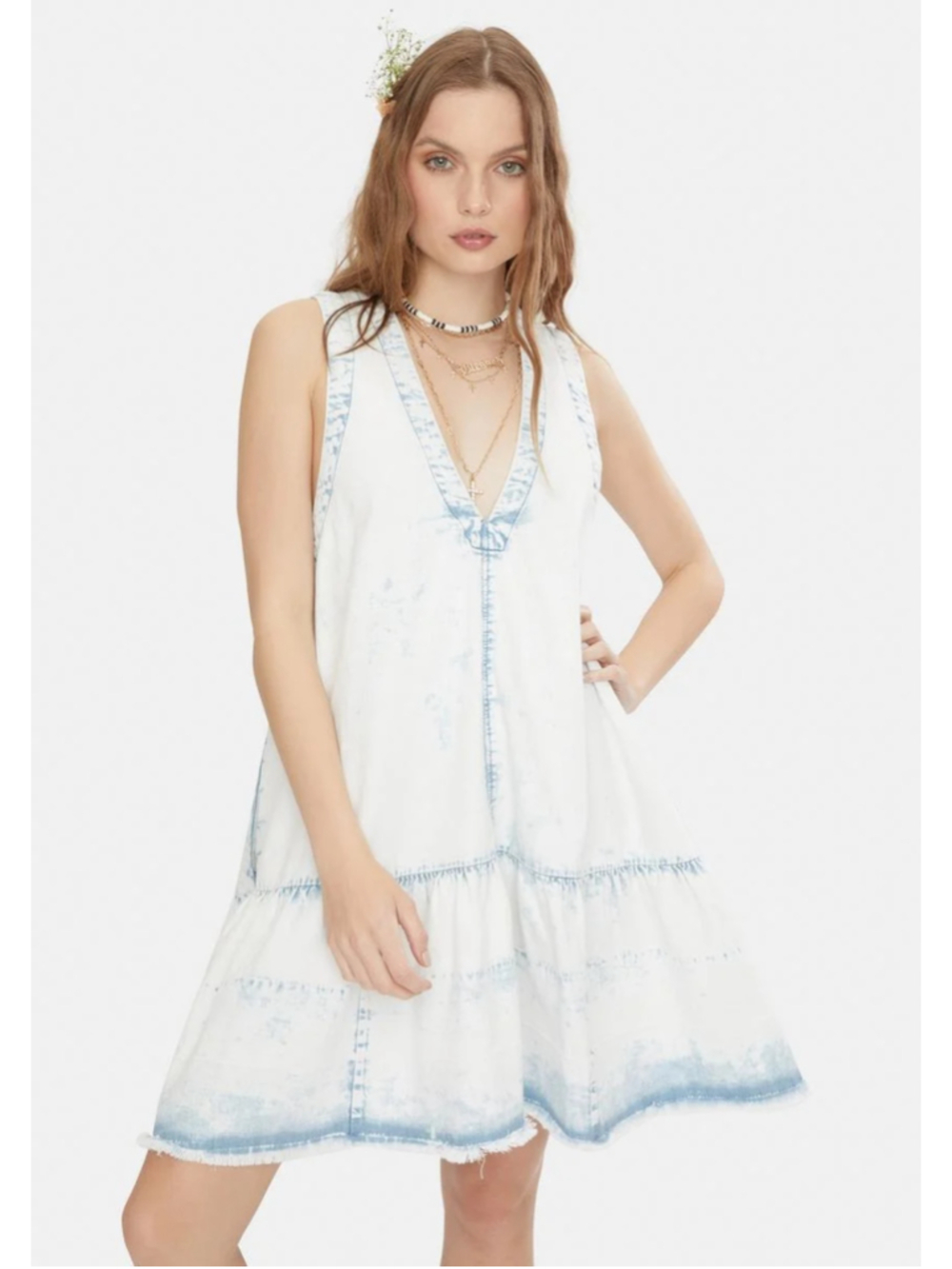 FREE PEOPLE Sunspray DENIM Mini Dress WOMENS S Babydoll SUNSKY WASH INDIGO